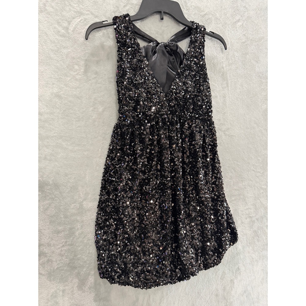 NWT Emerald Sundae Sequin Mini Dress Womens Black Satin Bow Open Back Sz S $89 - Picture 5 of 13